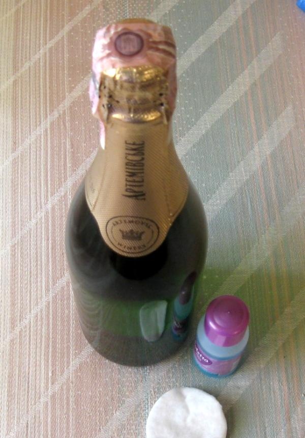 dekupāžas šampanieša pudele