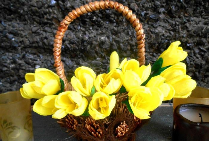 basket of crocuses made of corrugated paper