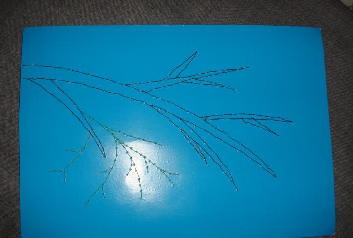 Painting using isothread technique Sprig of rowan trees