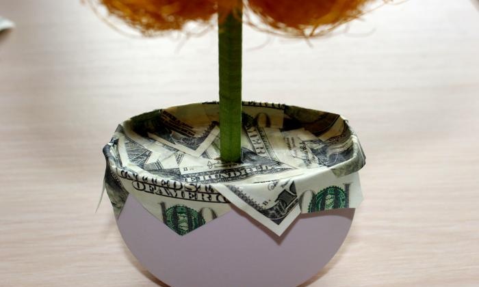 Topiary wykonane z sizalu i pieniędzy