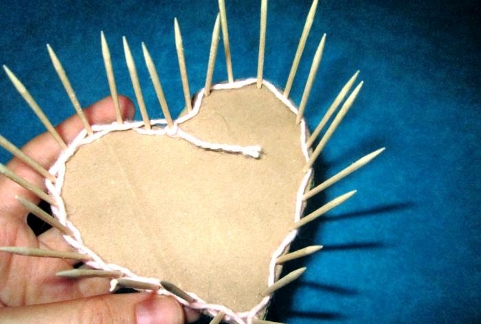 Basket Heart made of threads and toothpicks