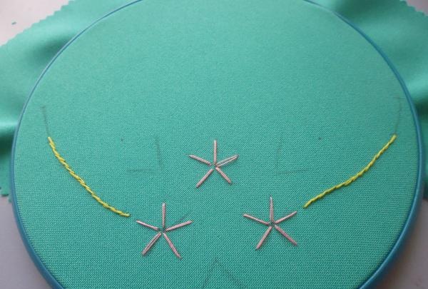 Embroidering the base for three roses