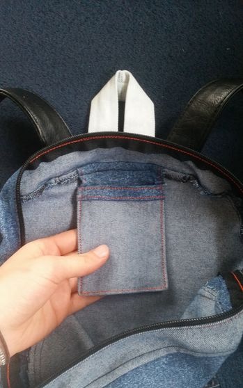 Bright backpack made from old jeans