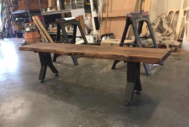 Solid board table at bench