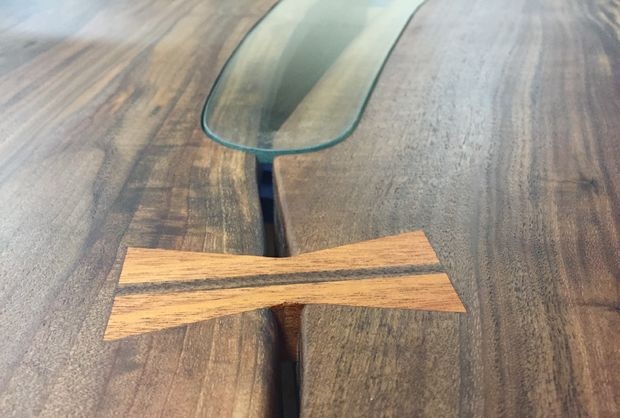 Solid board table at bench