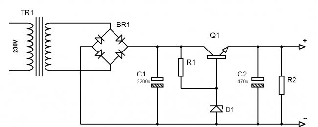 Barošanas avots ar zenera diodi un tranzistoru