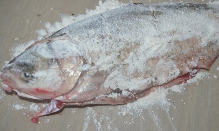 Ikan siakap utuh digoreng dalam kuali