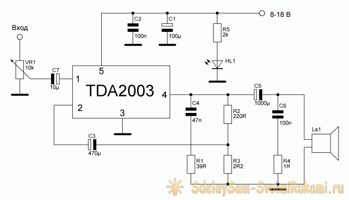 Forstærker baseret på den populære TDA2003-chip
