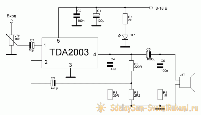 מגבר מבוסס על השבב הפופולרי TDA2003