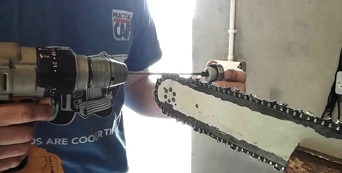 Schärfen einer Kettensägenkette mit einer Bohrmaschine