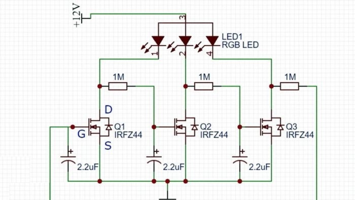 Paprasčiausias valdiklis, skirtas perjungti RGB LED juostas su trimis tranzistoriais