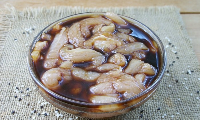 Chicken fillet in soy sauce in a frying pan