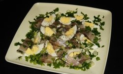 Russischer Salat aus leicht gesalzenem Hering und Eiern