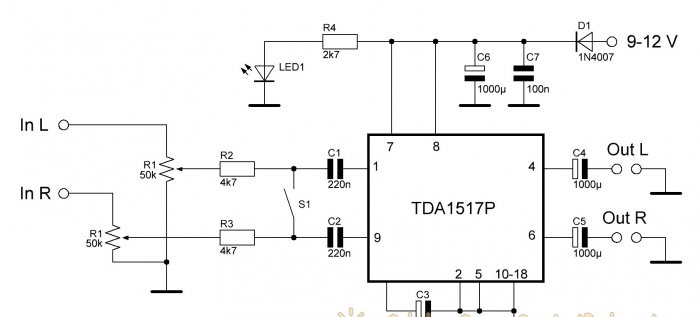 Portable amplifier with mono mode on TDA1517