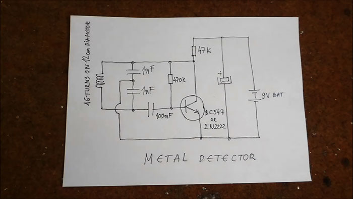 Máy dò kim loại đơn giản nhất sử dụng một bóng bán dẫn và bộ thu AM có độ nhạy khá