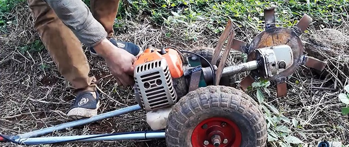 DIY trencher na ginawa mula sa isang brush cutter at isang sirang gilingan