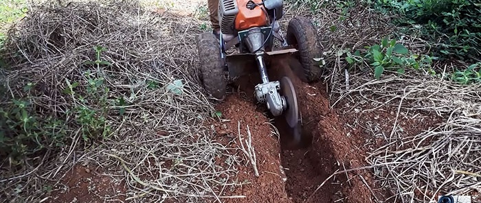 DIY trencher na ginawa mula sa isang brush cutter at isang sirang gilingan