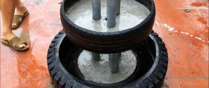 Wie man aus alten Reifen einen dreistufigen Gartenbrunnen baut