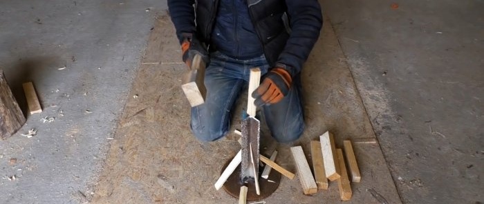 Van twee hoeken en een vliegwiel heb ik een handig apparaat gemaakt voor het hakken van hout