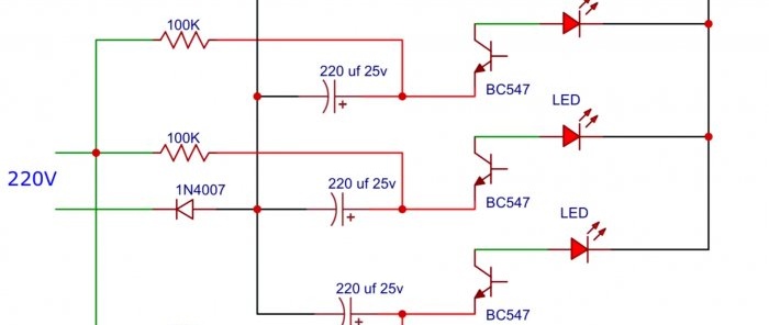 Kaip surinkti trijų šviesos diodų lemputę, maitinamą 220 V