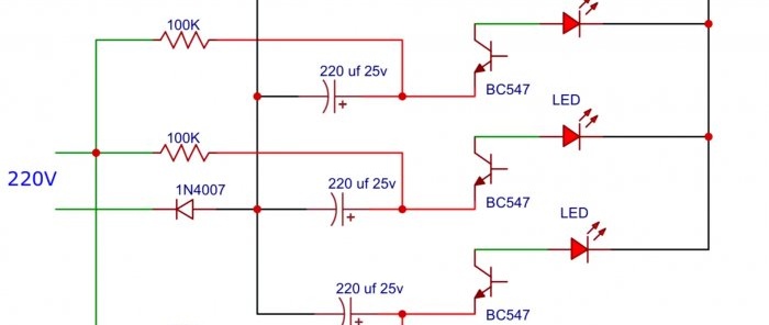 כיצד להרכיב מבזק בעל שלושה LED המופעל על ידי 220 V