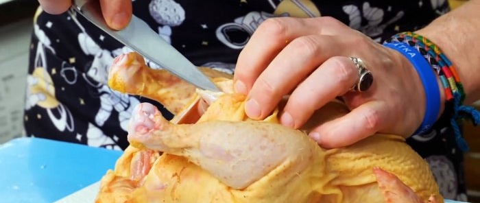 Skjær ut rammen fra innsiden av kyllingen fra halesiden