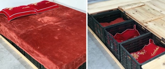 Műanyag zöldségládákból készült ágy, számos tárolóhellyel