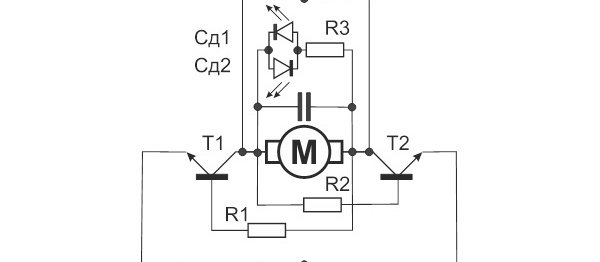 Schema van omkeerbare besturing van een elektromotor met twee klokknoppen
