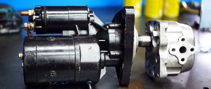 Hur man gör en kraftfull hydraulisk drivning från en startmotor och en oljepump från en traktor