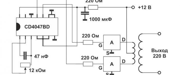 Sådan laver du en simpel 12-220 V inverter med en effekt på 2500 W og en frekvens på 50 Hz