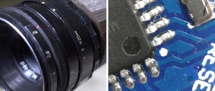 USB-mikroskop for lodding fra et webkamera og en gammel kameralinse