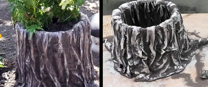DIY stump planter from an old bucket and rags
